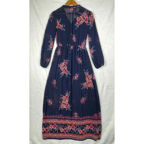 Xhilaration Floral Maxi Dress Womens XS Blue Boho CottageCore Long Sleeves - Picture 5 of 15